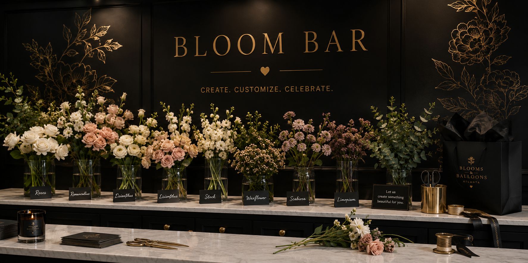 Bloom Bar with vases of fresh white and blush flowers