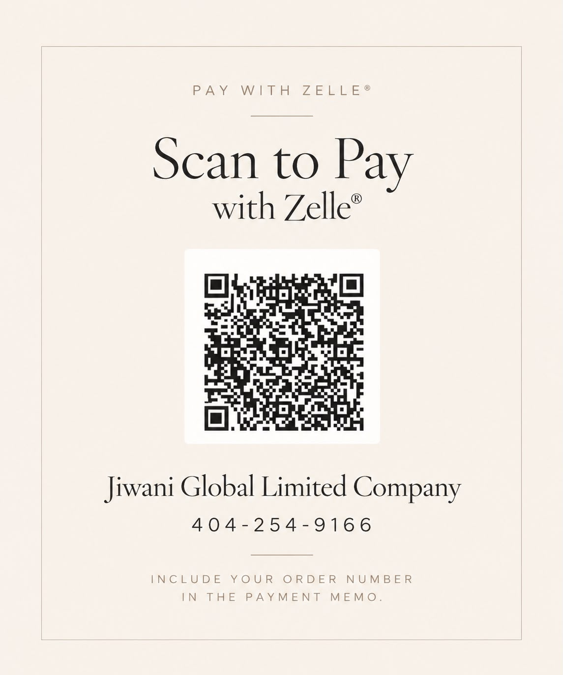 Zelle payment QR code for Jiwani Global Limited Company, 404-254-9166