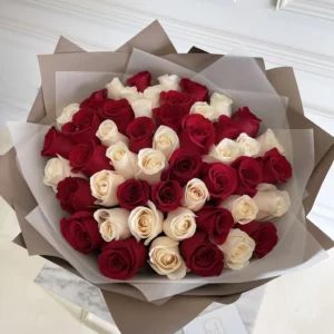 B&BA 50 white and red Rose Bouquet